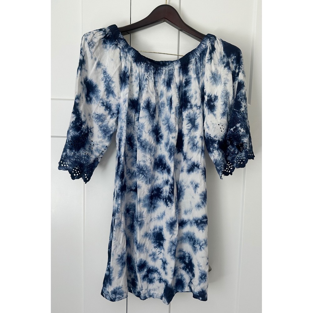 Teal Tie Dye Off Shoulder Eyelet Lace Tunic Top Dress Blue White XL